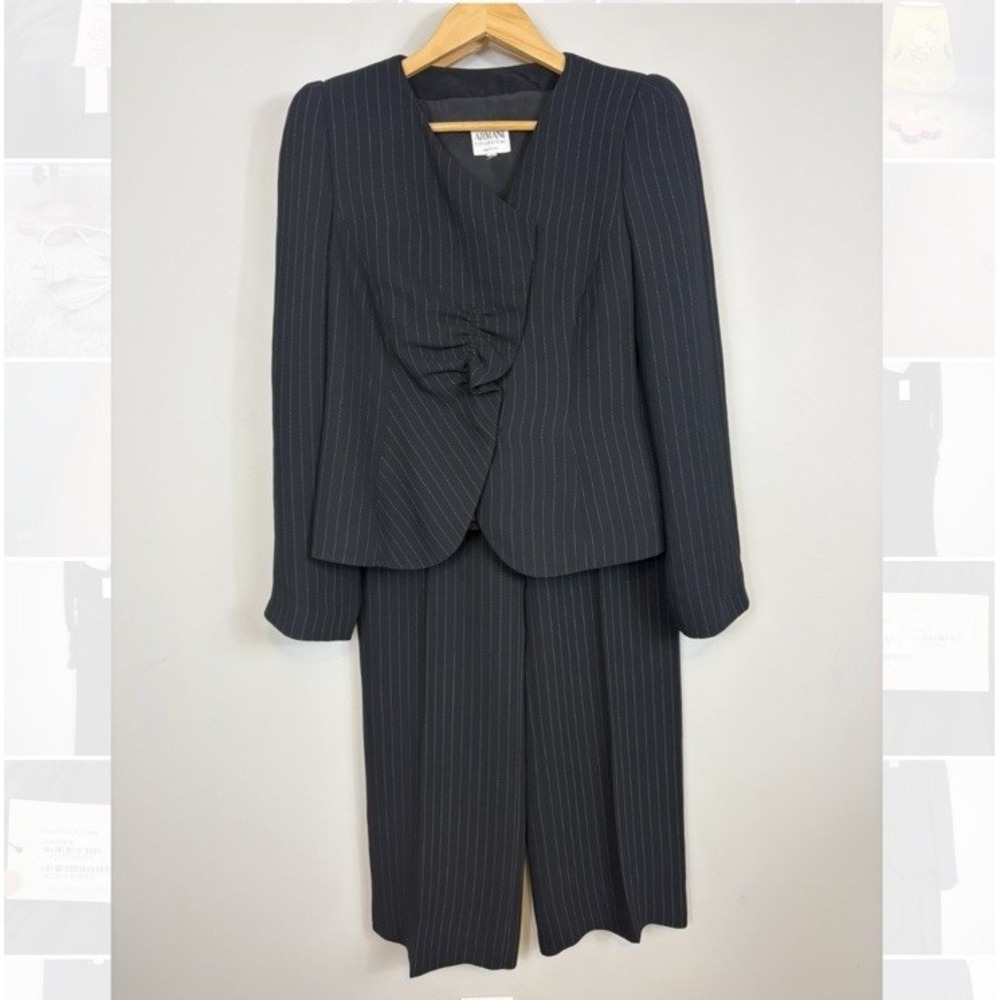 Vtg 90s Y2K Armani Collezioni Wool Pant Suit Pinstripe Black Womens Sz 8 10